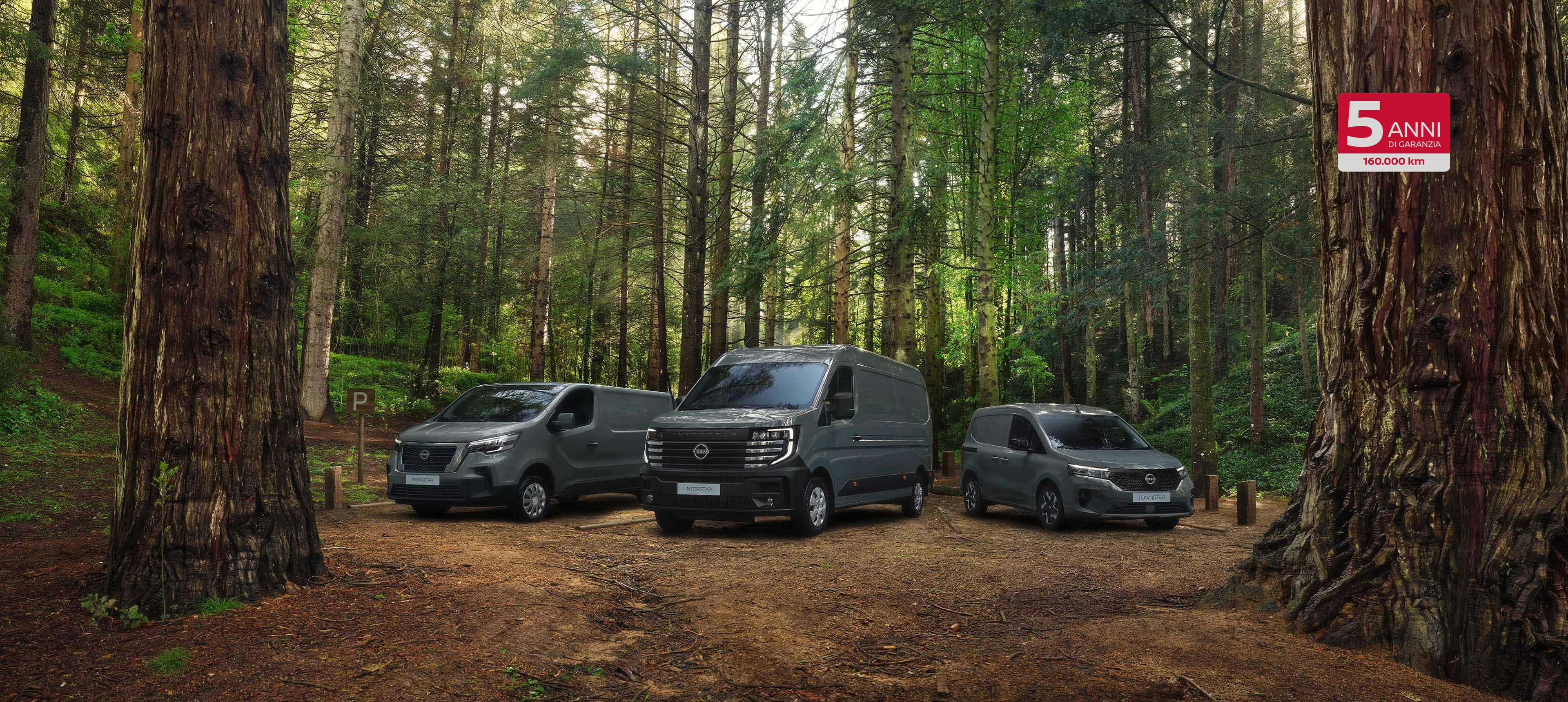Nissan Van line-up: Interstar, Primastar and Townstar parked in forest