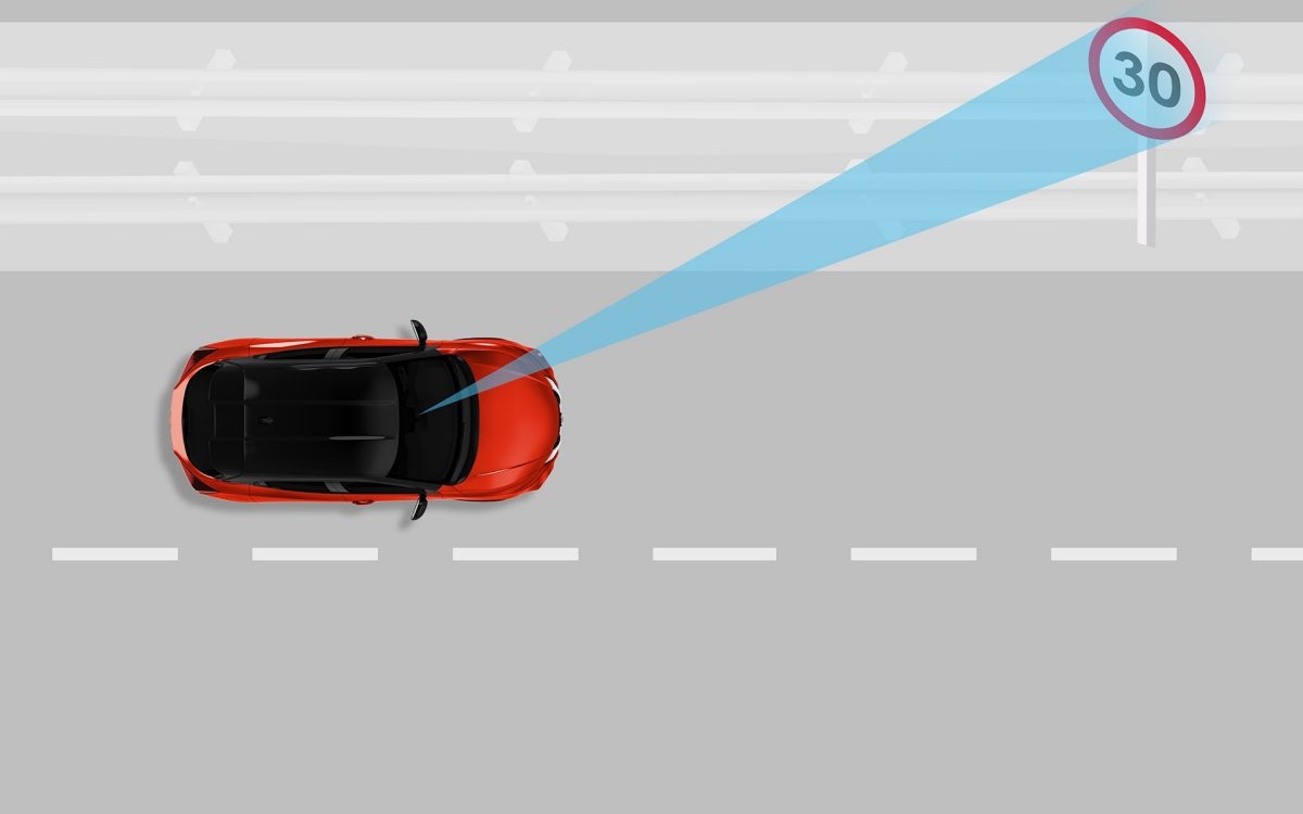 Illustrazione del sistema intelligente di riconoscimento segnaletica stradale di Nissan JUKE