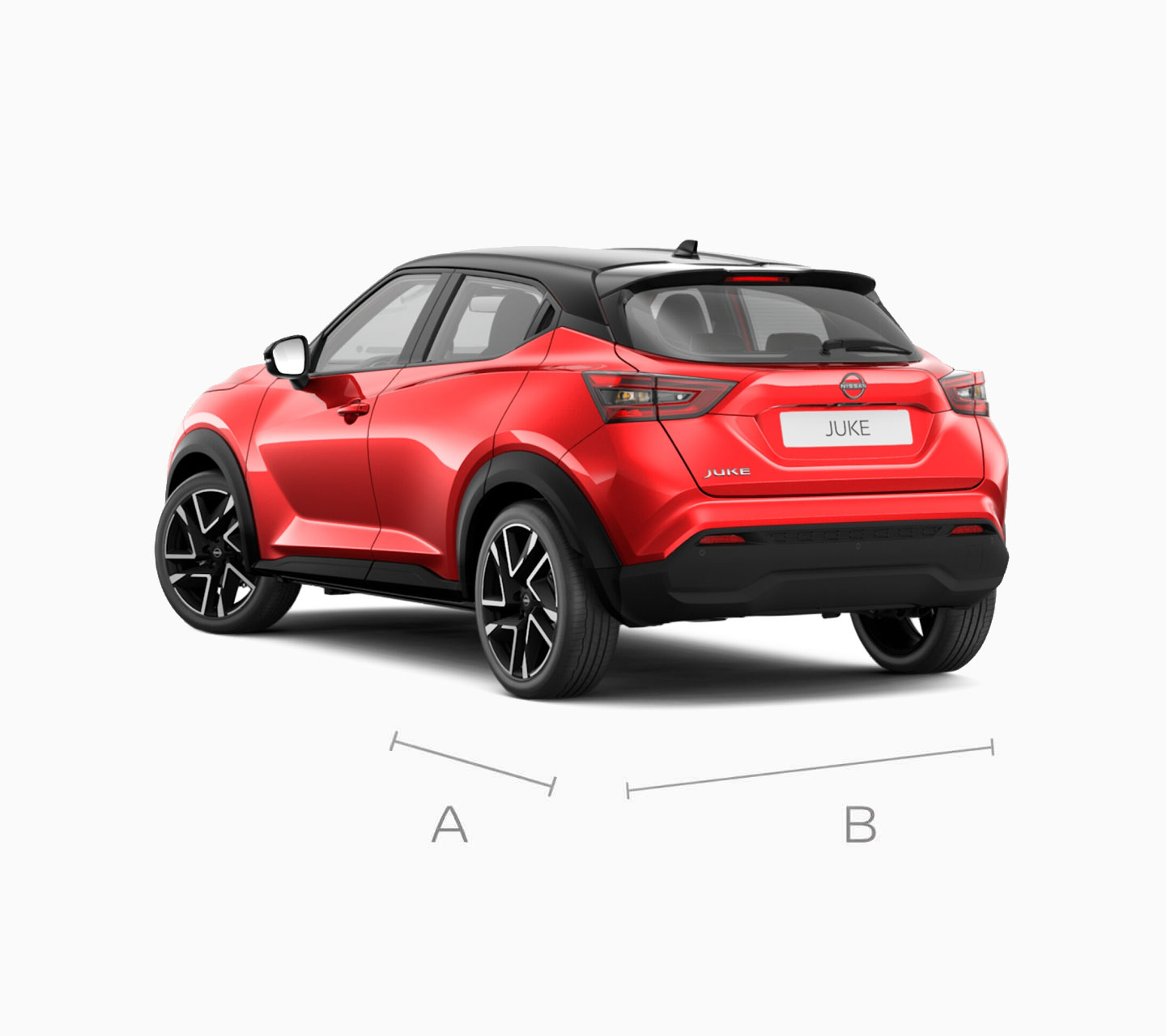 Immagine posteriore a 3/4 di Nissan JUKE che indica le dimensioni del bagagliaio