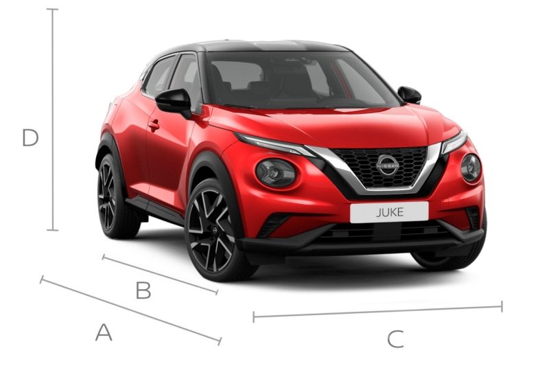 Immagine frontale a 3/4 di Nissan JUKE che mostra le dimensioni complessive