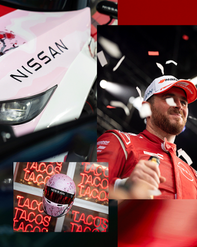 Image collage featuring the driver, his helmet, and a Nissan logo.