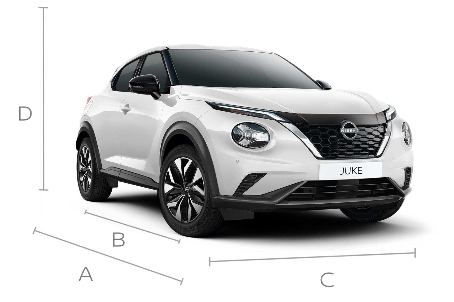 Nissan JUKE 3/4 packshot vooraanzicht met algemene afmetingen