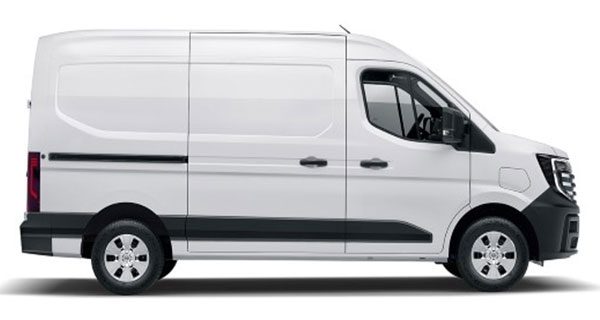 Das Bild zeigt den Nissan NV400 Visia, einen robusten roten Transporter, vor einem weißen Hintergrund.