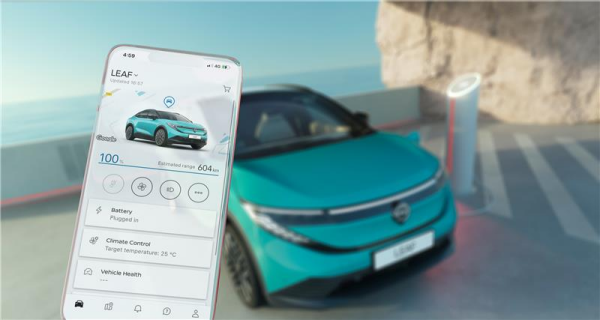 Nissan Charge app med LEAF elbil i bakgrunnen