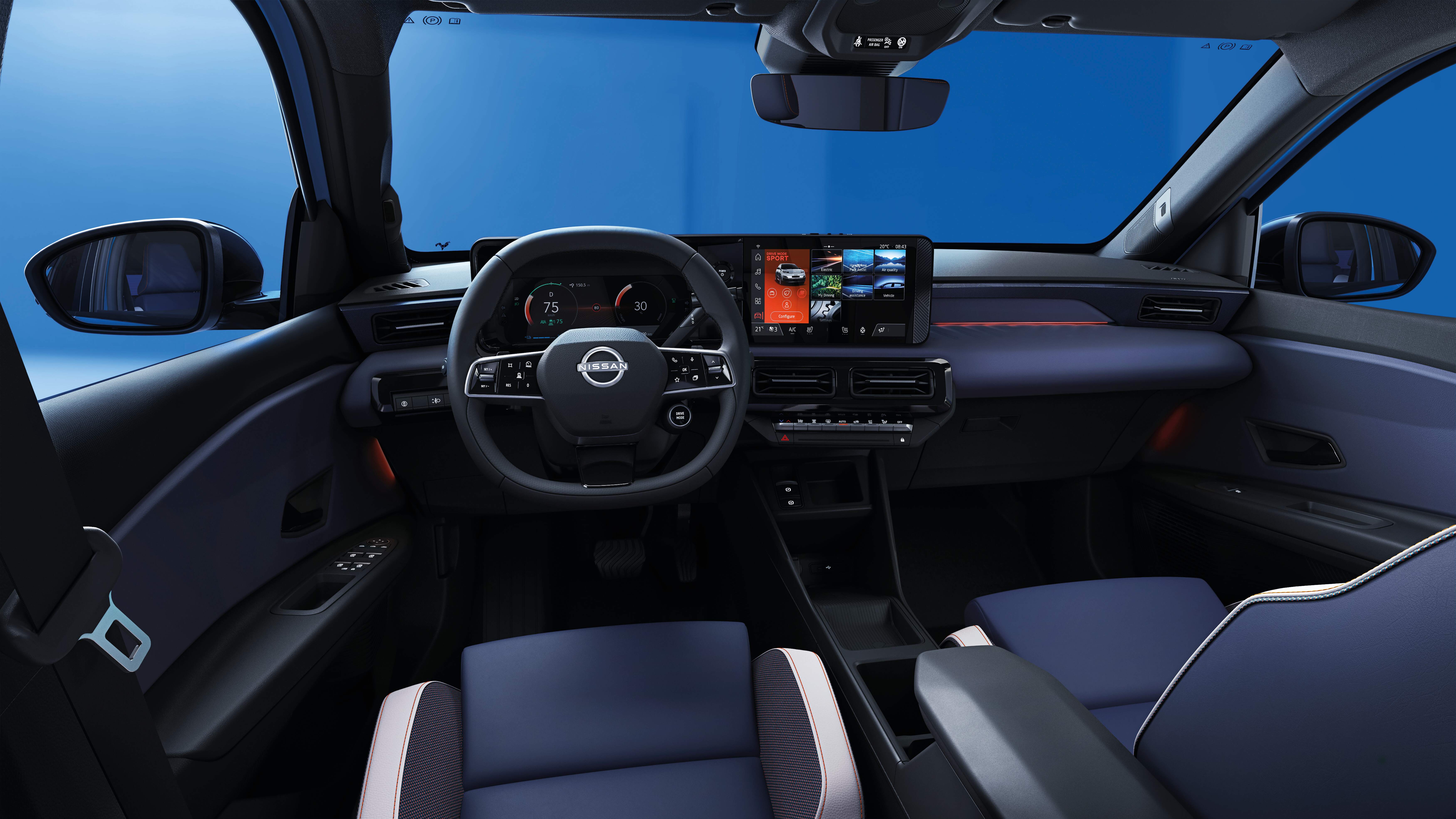 Bilde av blå Nissan MICRA elbil sitt interiør