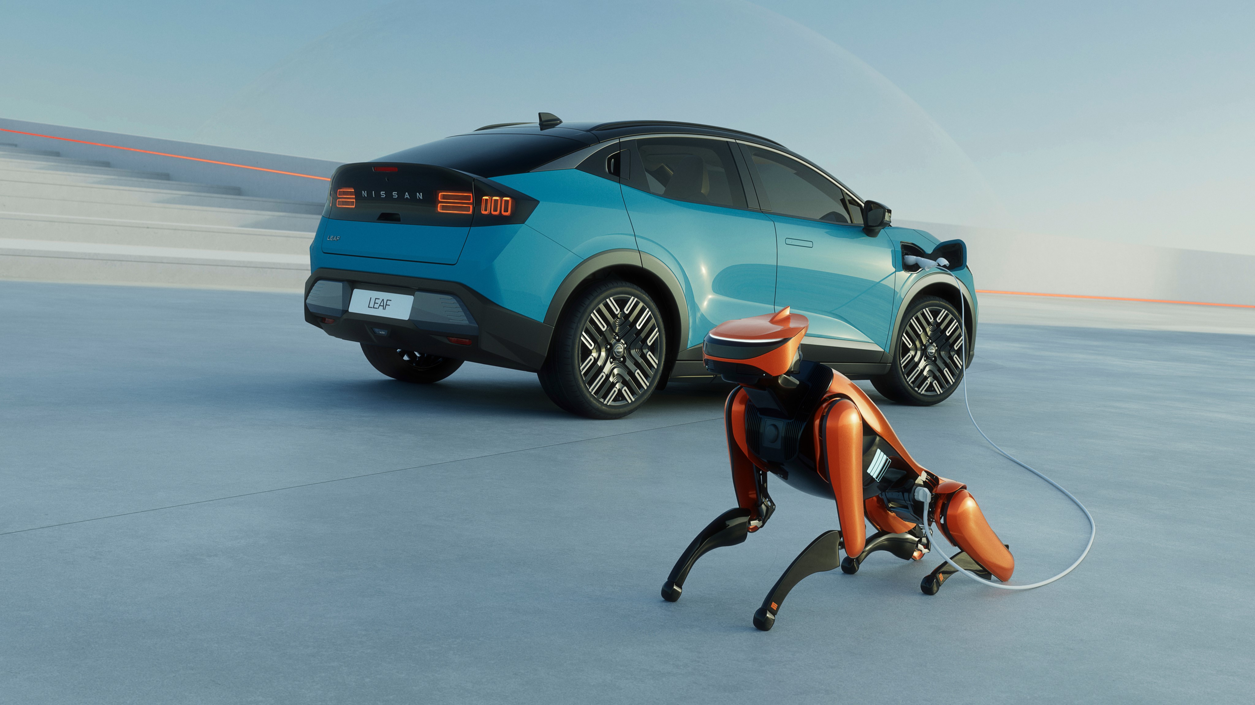 Image of a robot using the Nissan LEAF to charge