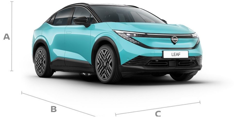 Nissan Leaf electric family car 3/4 front view with dimensions