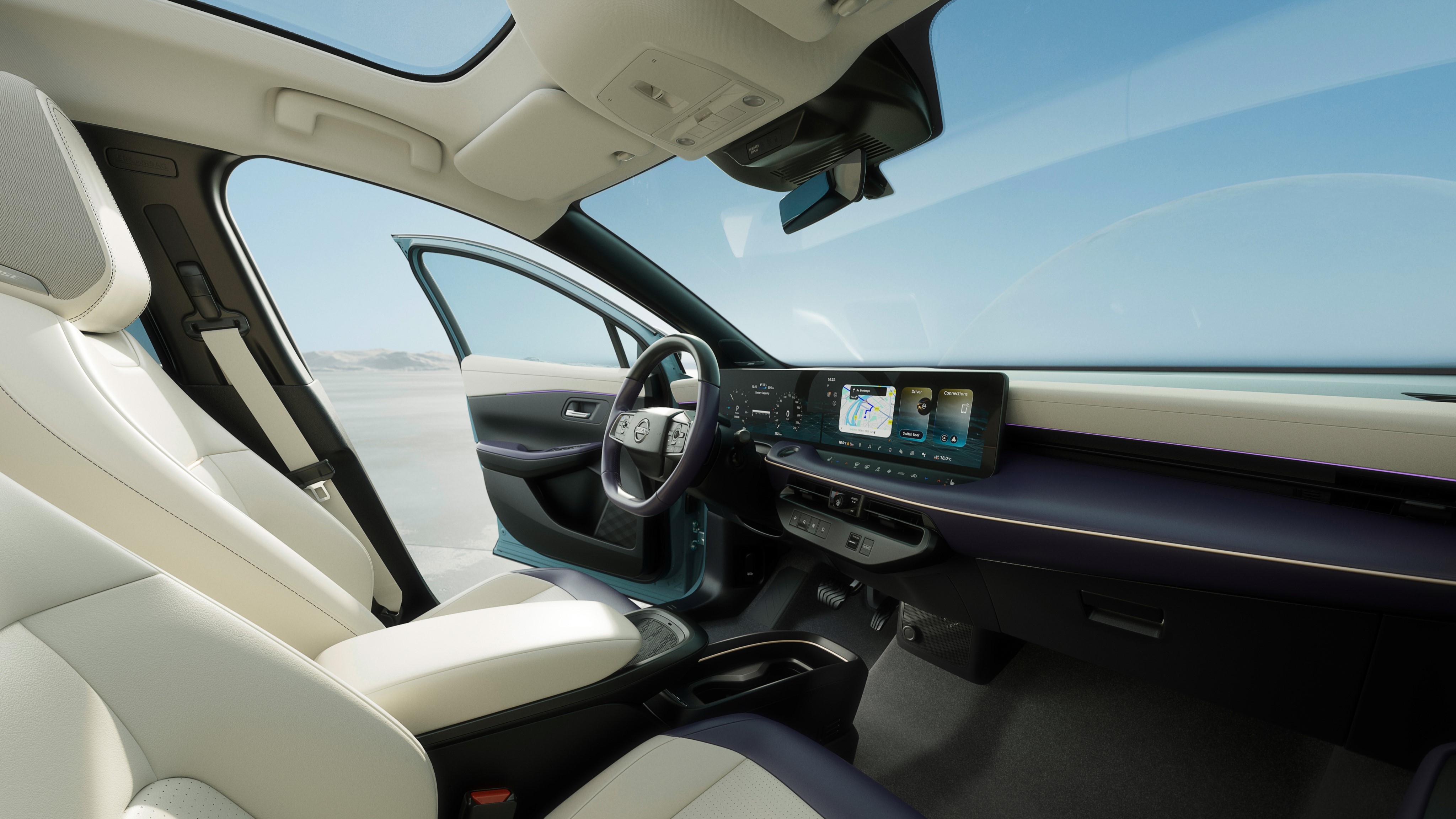 Front seats and interior dashboard view