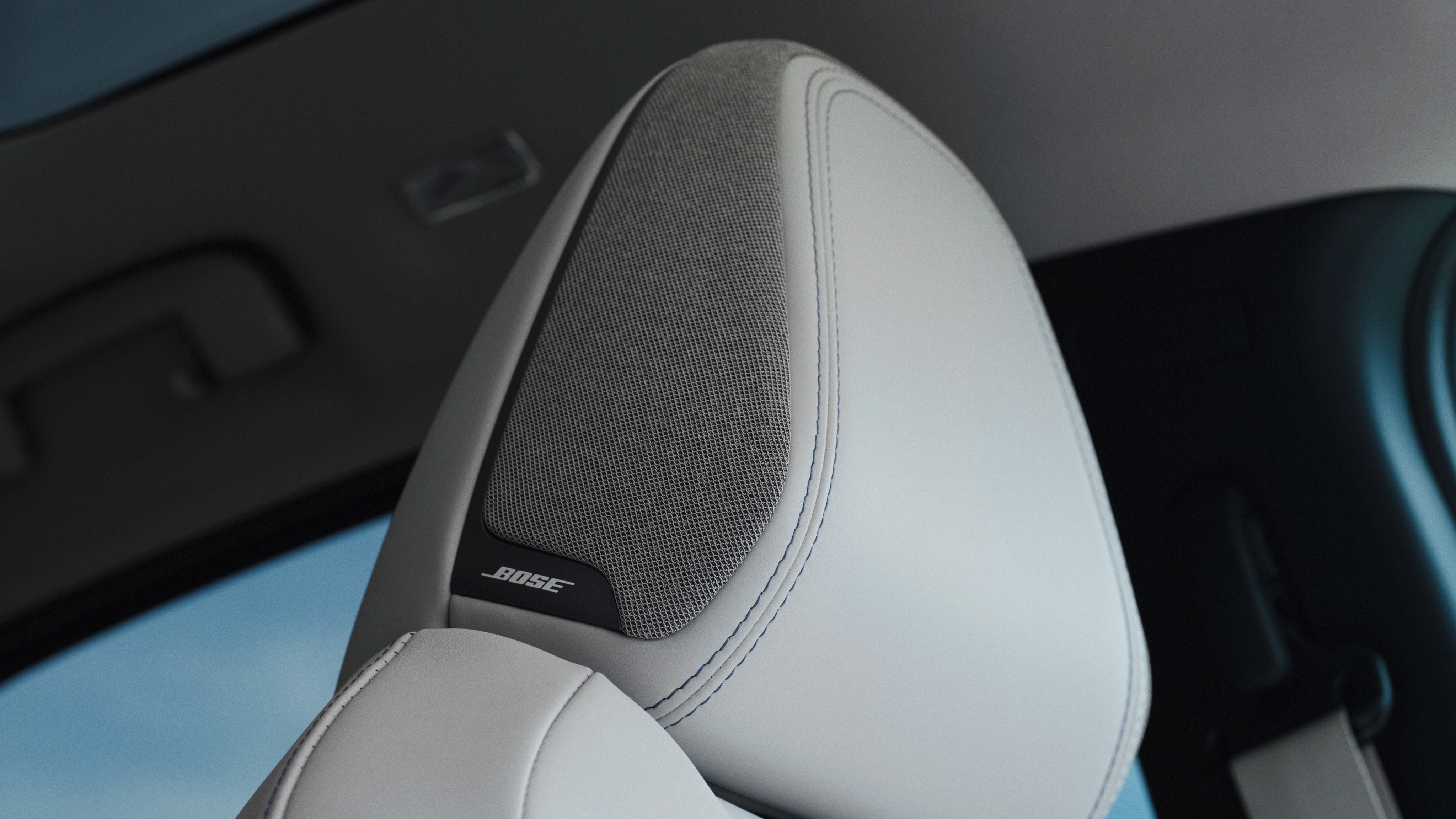 Front seat headrest and stitching detail