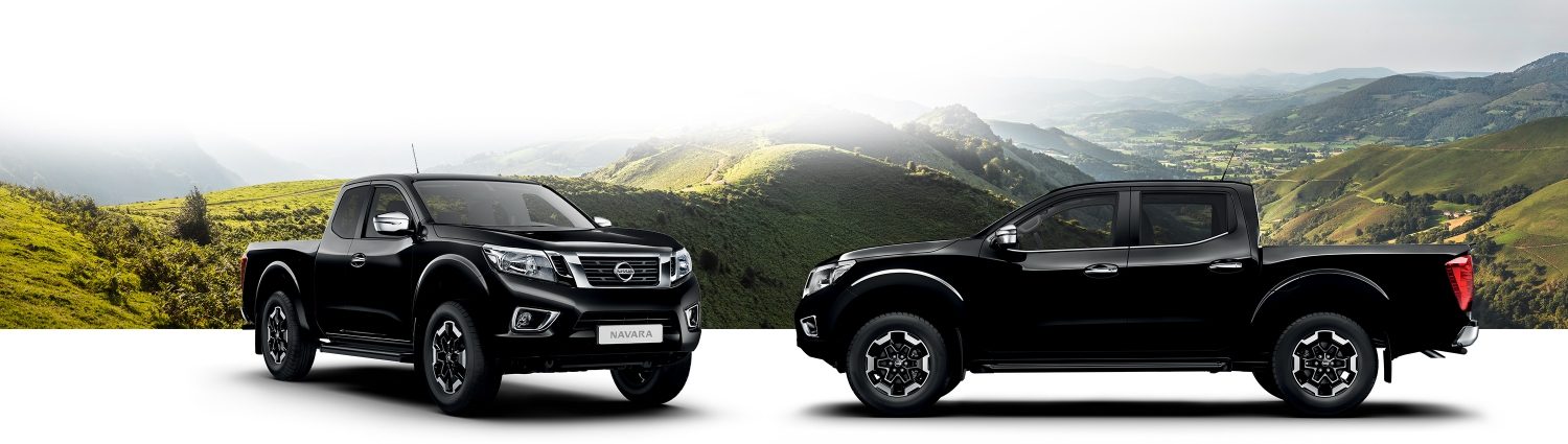 Nissan Navara 3/4 front and profile packshots with a mountain background