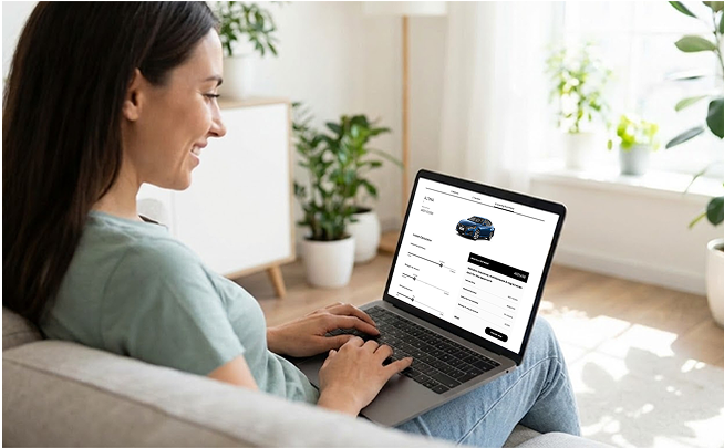 A woman browsing Nissan website on laptop