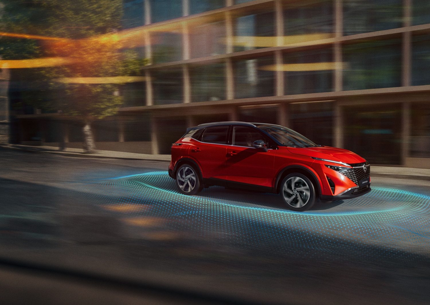 Nissan Qashqai e-Power 3/4 front static shot in front of building with woman walking towards car - Hybrid SUV