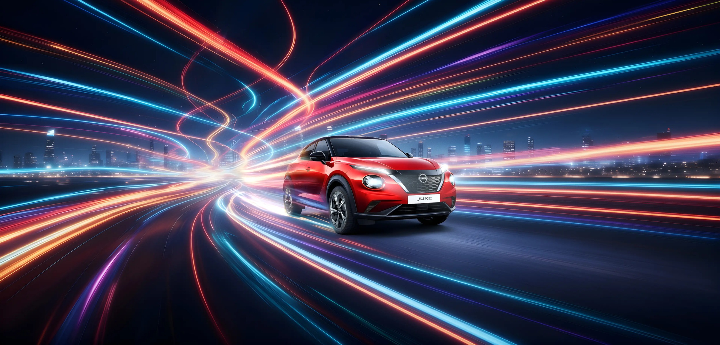 Nissan Juke 3/4 front image with city background