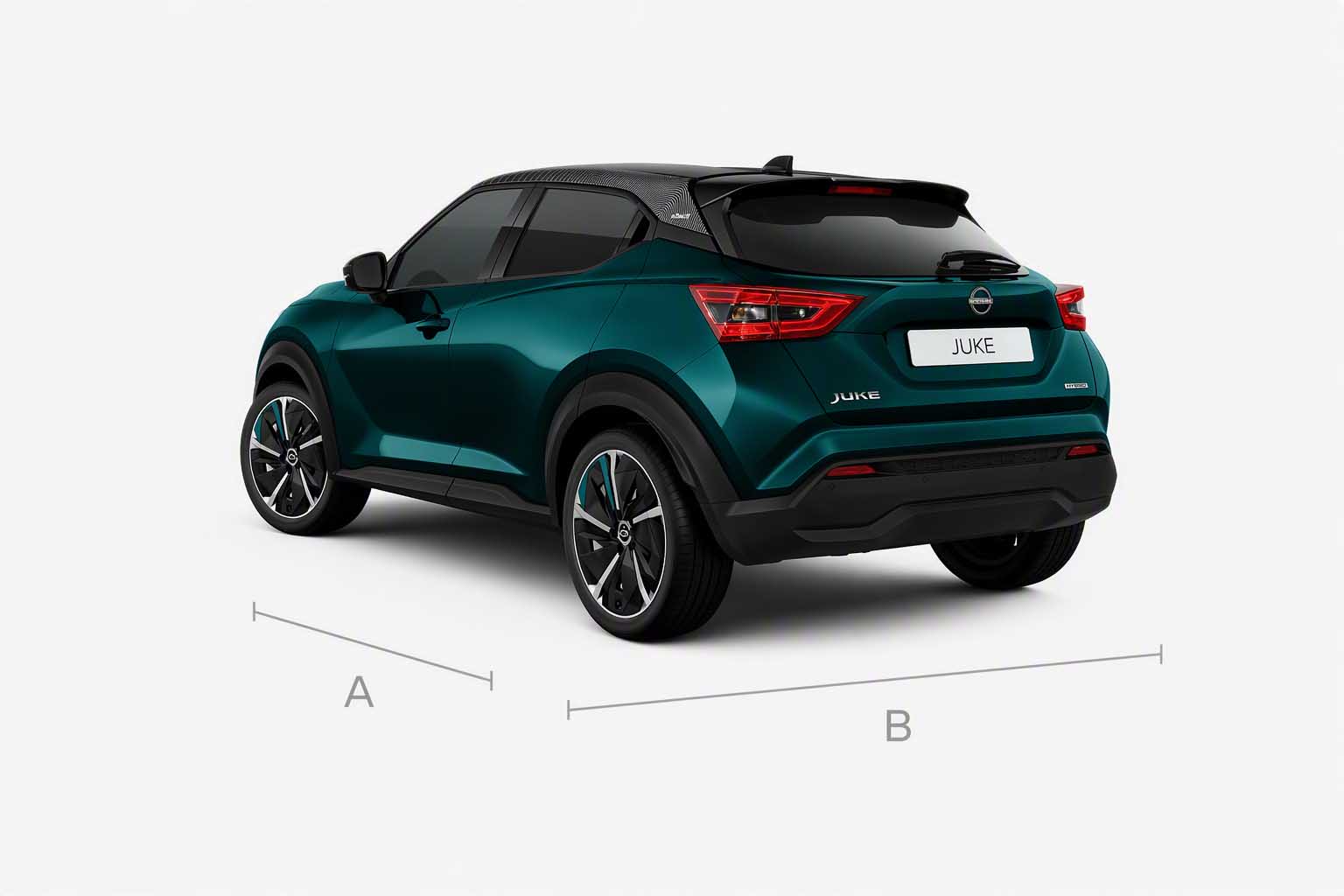 Nissan JUKE Hybrid SUV 3/4 bild bakifrån inklusive bagagemått