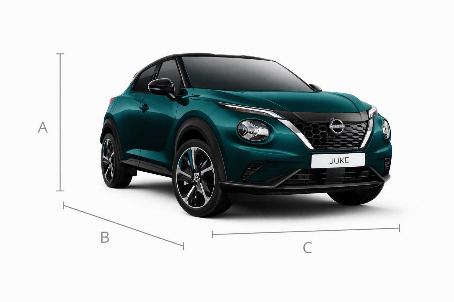 Nissan JUKE Hybrid SUV 3/4 bild framifrån inklusive totala mått