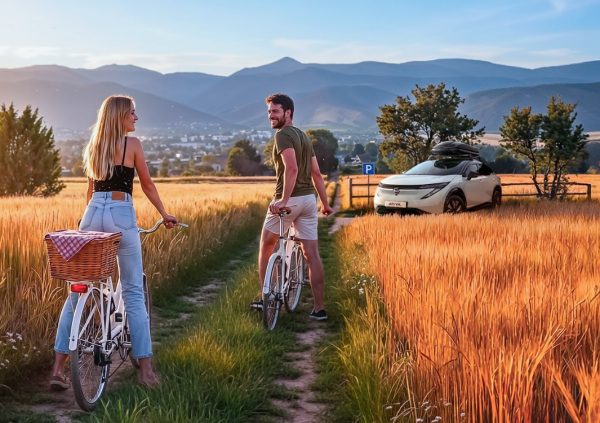 Bilde av en hvit Nissan ARIYA elbil parkert i en åker og et par på sykler