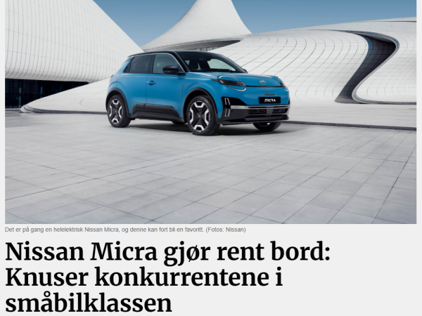 Bilde av blå Nissan MICRA elbil i artikkel fra bil24.no