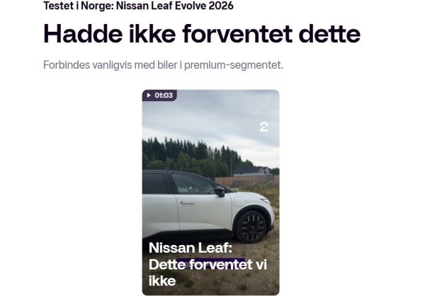 Bilde av hvit Nissan LEAF elbil som er prøvekjørt av broom.no TV2