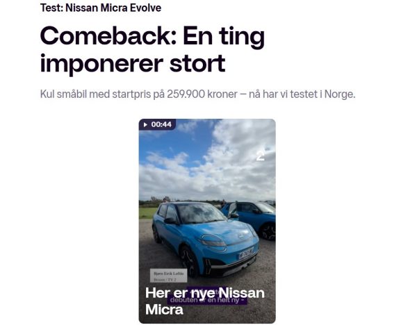 Bilde av blå Nissan MICRA elbil prøvekjørt av TV2 Broom.no