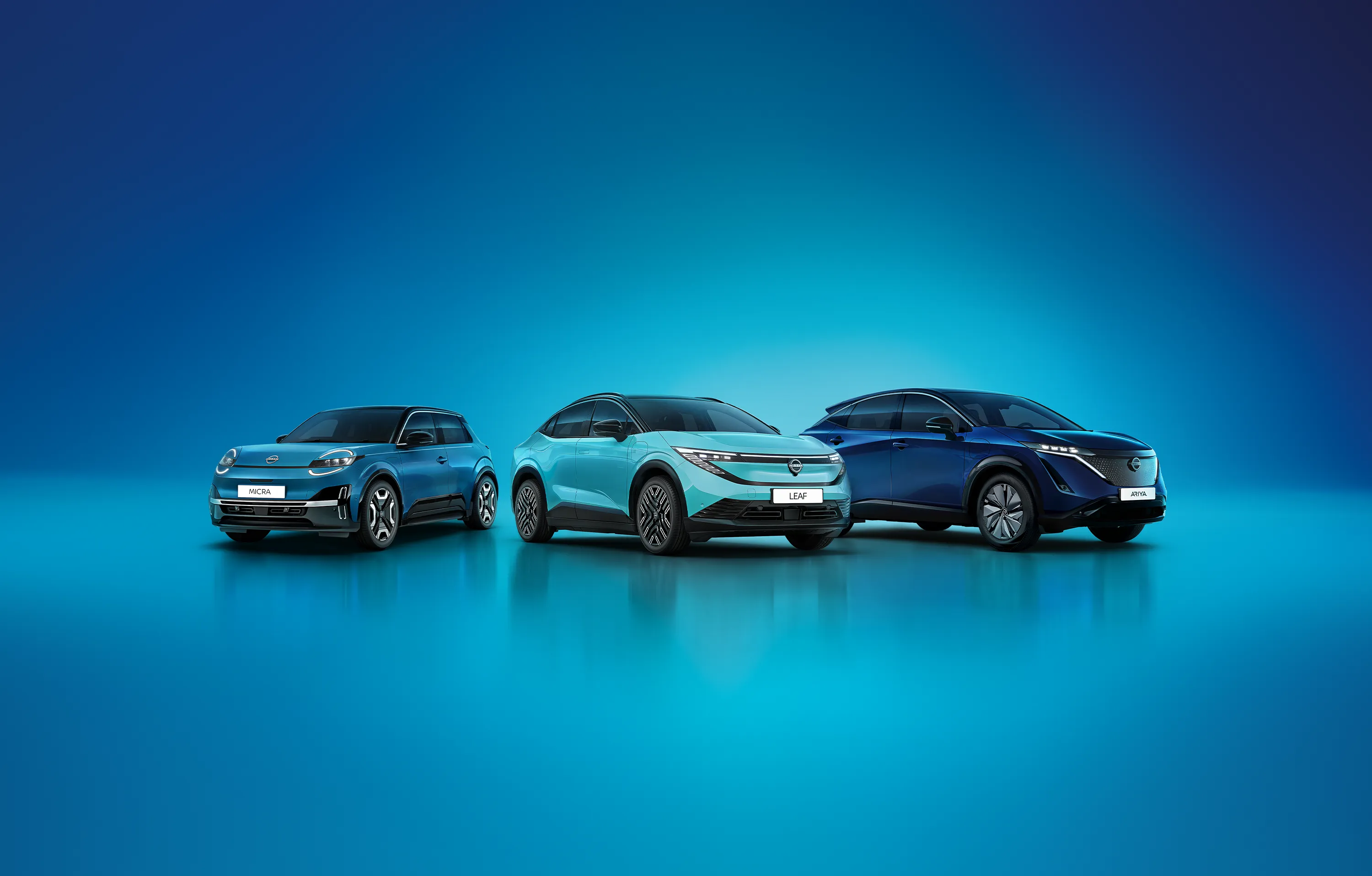 Bilde av elbilene Nissan ARIYA el-SUV, LEAF familebil og MICRA bybil