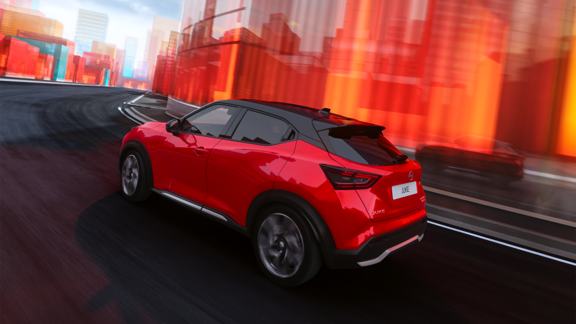 Nissan Juke 3/4 vista frontal estática em frente a um armazém
