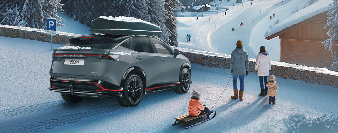 Nissan ARIYA i vinterlandskab. Elbilens rækkevidde og opladning kan påvirkes af kolde temperaturer. Vis flere linjer
