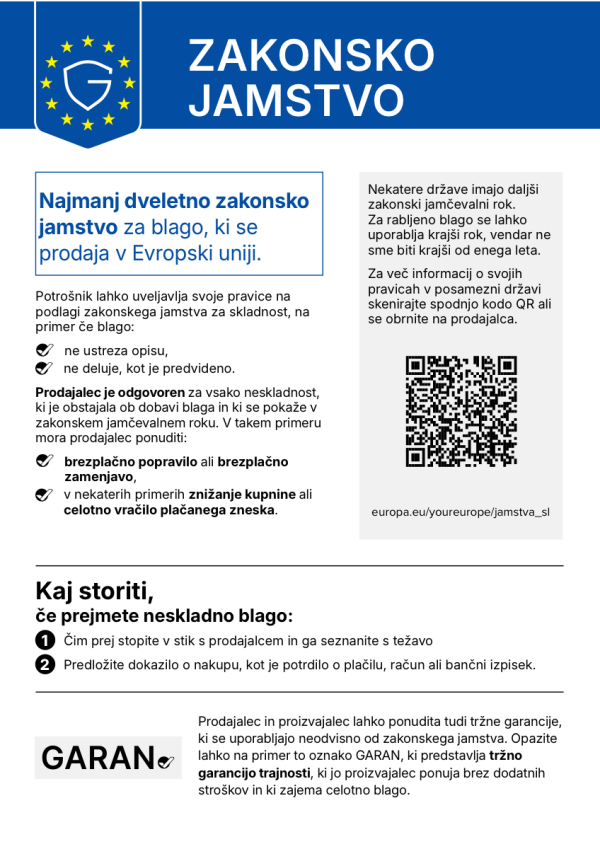Obvestilo EU o zakonskem jamstvu za blago, kupljeno v Evropski uniji