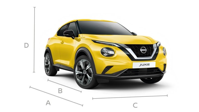 Nissan Juke 3/4 front pack shot showing overall dimensions