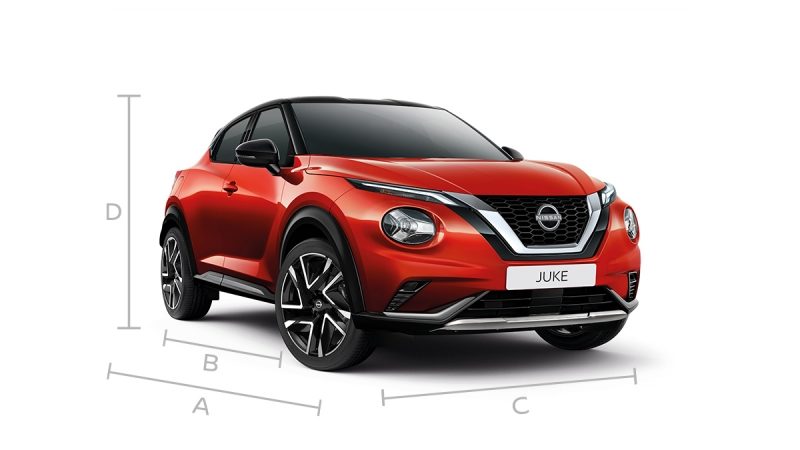 Nissan Juke 3/4 front pack shot showing overall dimensions