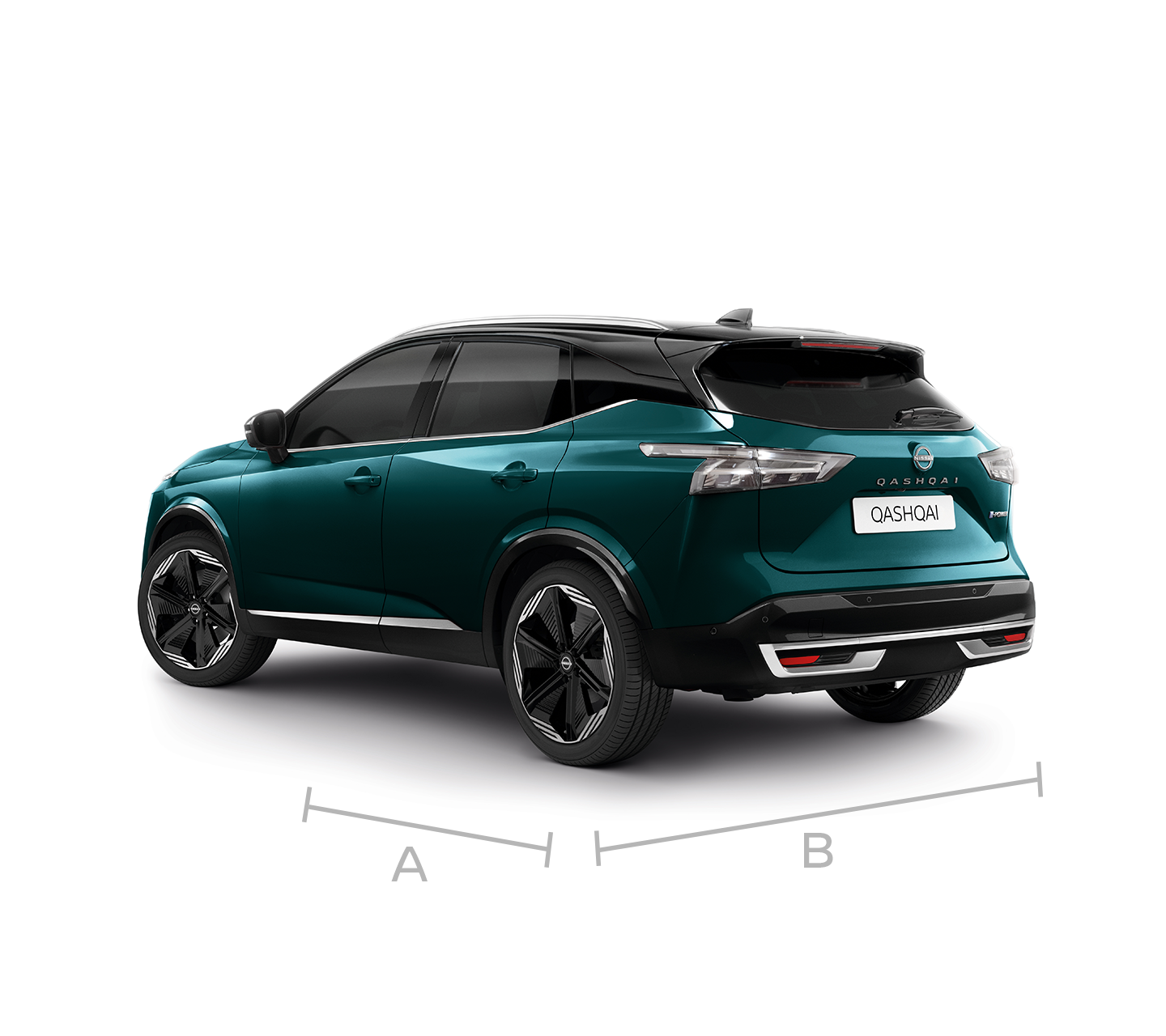 Nissan Qashqai e-Power N-Design 3/4 rear pack shot view showing boot measurements