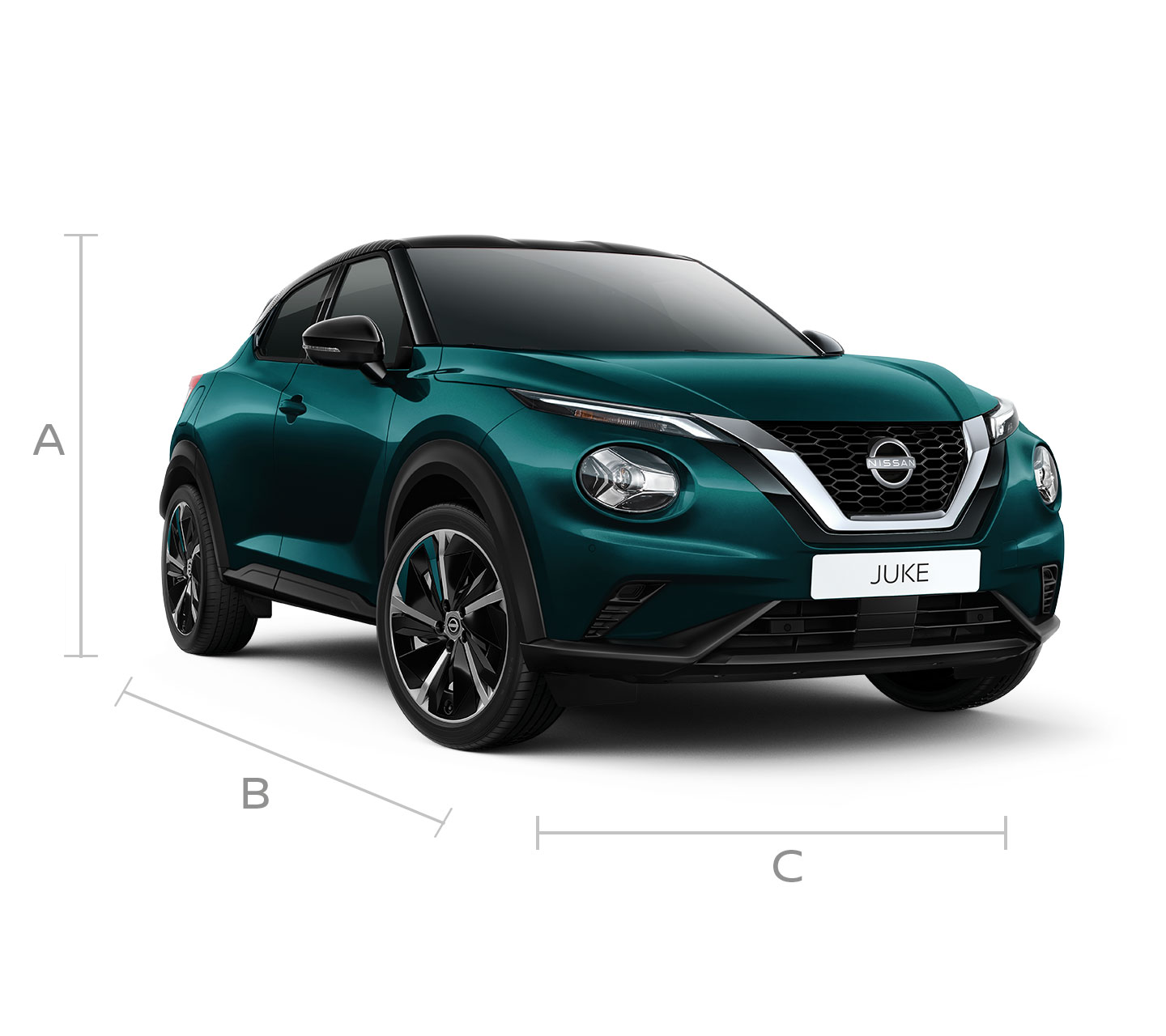 Зображення Nissan JUKE із позначенням габаритів, вид спереду 3/4